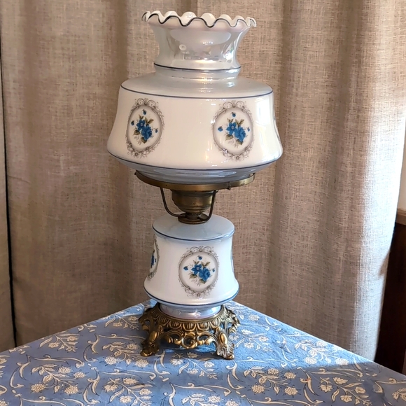 Vintage Blue Flowers Milk Glass Hurricane Lamp - Picture 1 of 9